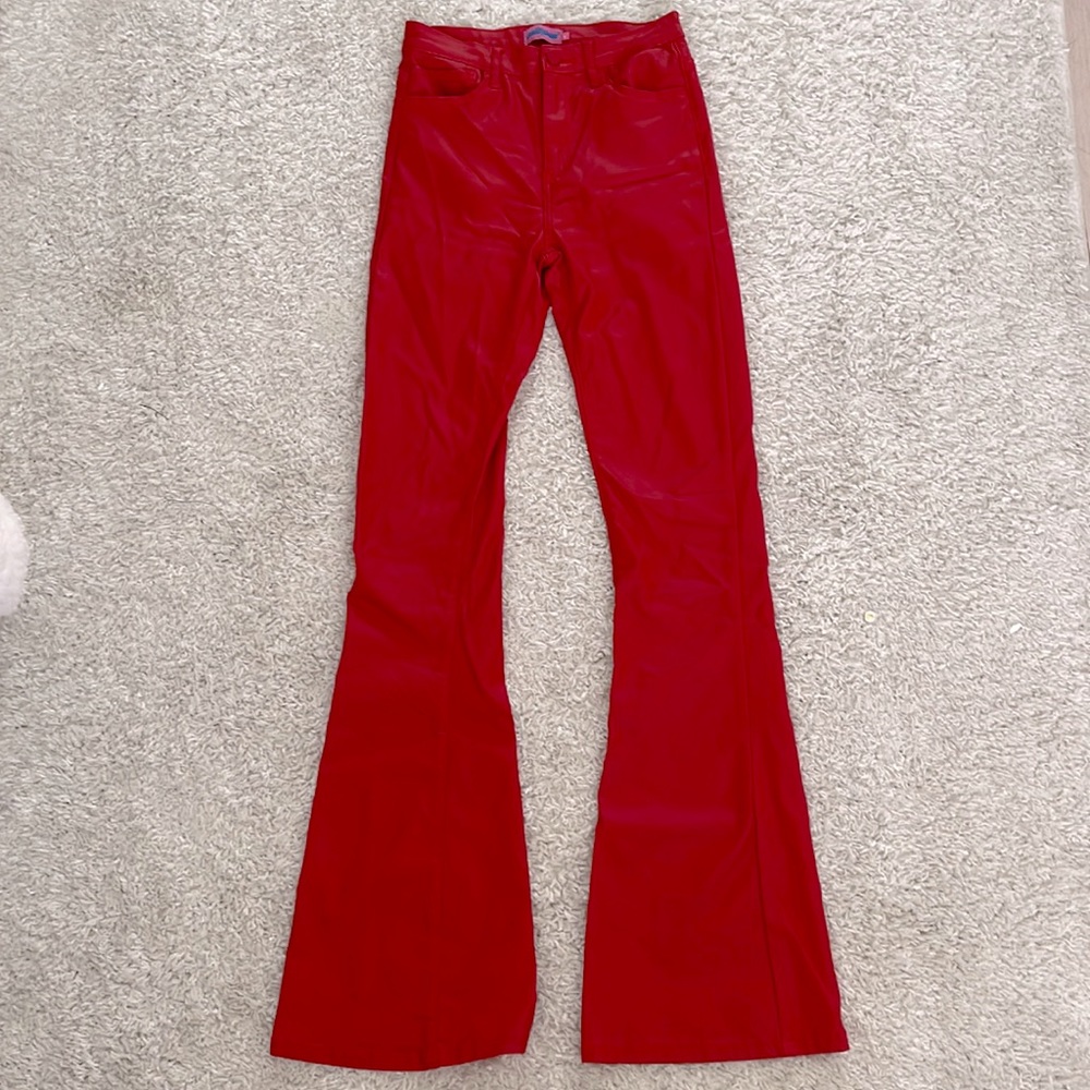 EDIKTED RED LEATHER FLARE PANTS